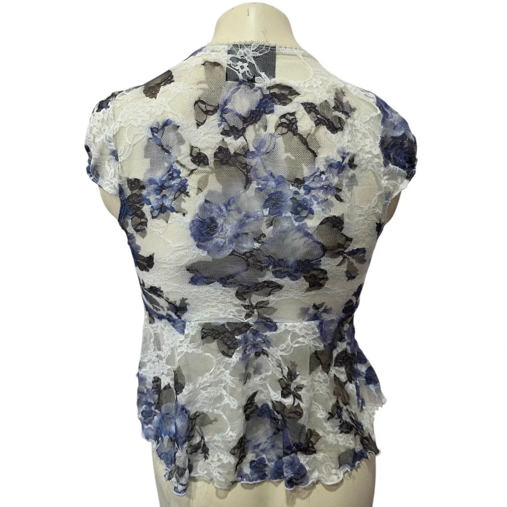 Floral Lace Mesh Peplum Top Blue White Sheer Cap Sleeve Y2K Coquette M Medium